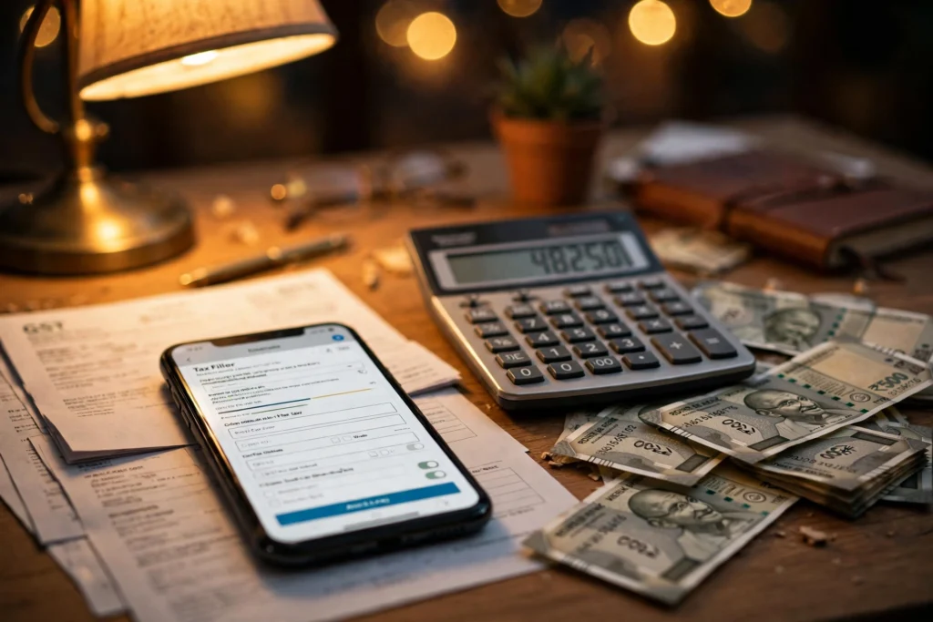 Smartphone showing a tax filing form with GST documents and rupee notes on a desk (AI-generated illustration)