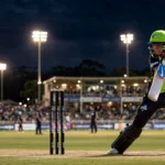 Harmanpreet Kaur in action at a floodlit stadium (archive photo composite; photo: Bahnfrend / Wikimedia Commons, CC BY-SA 4.0)