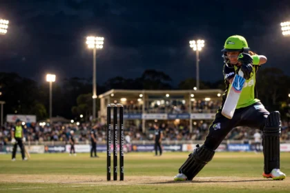 Harmanpreet Kaur in action at a floodlit stadium (archive photo composite; photo: Bahnfrend / Wikimedia Commons, CC BY-SA 4.0)