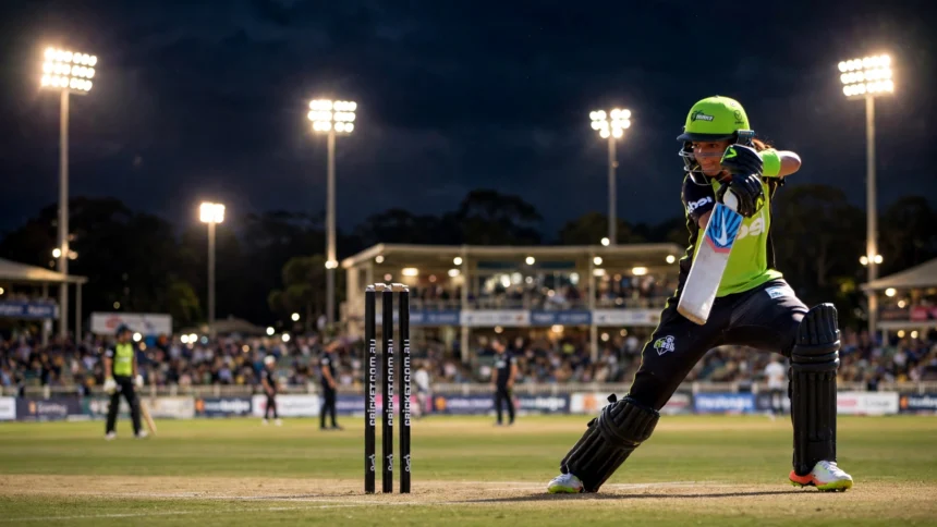 Harmanpreet Kaur in action at a floodlit stadium (archive photo composite; photo: Bahnfrend / Wikimedia Commons, CC BY-SA 4.0)