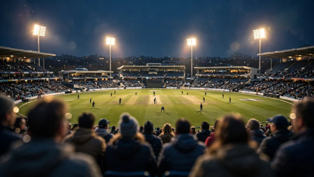 Floodlit cricket stadium at night during a women's ODI match