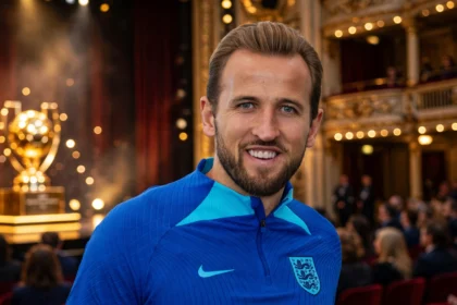 Harry Kane at an awards ceremony in London. Photo: Wikimedia Commons, background composite.