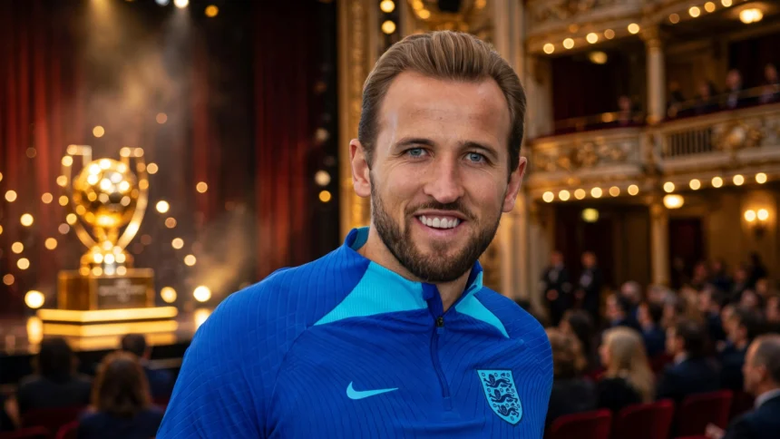 Harry Kane at an awards ceremony in London. Photo: Wikimedia Commons, background composite.