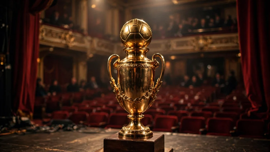 Golden football trophy on a theatre stage in London.