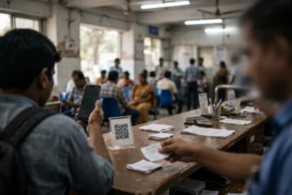 A patient scans a QR code to pay at a hospital OPD counter