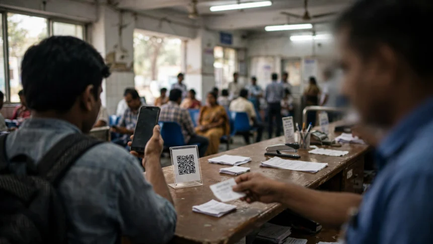A patient scans a QR code to pay at a hospital OPD counter