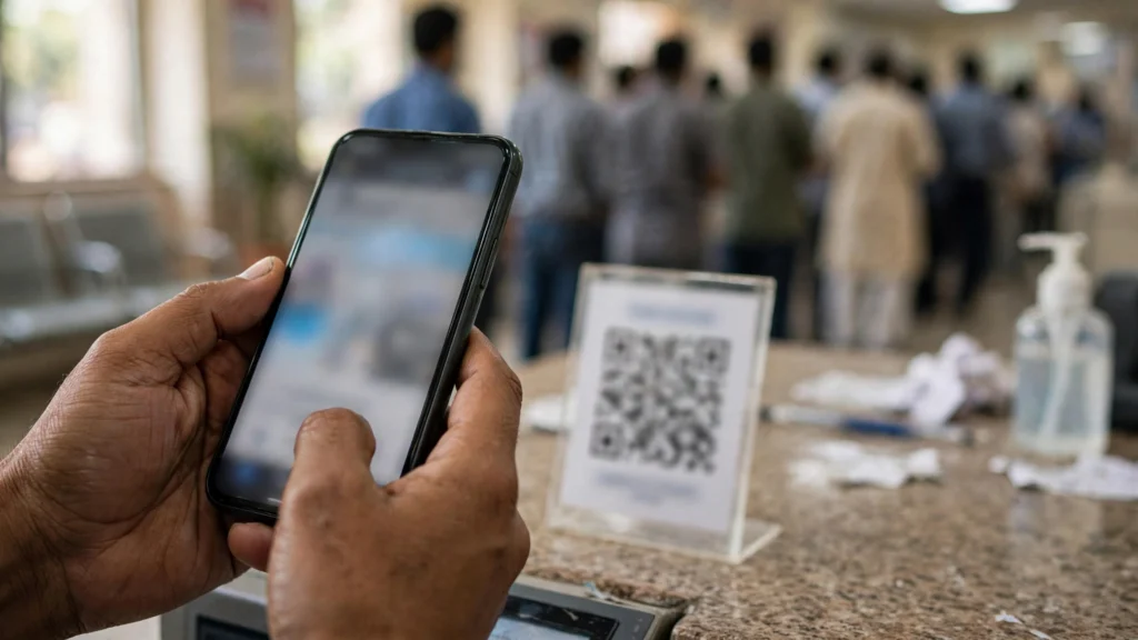 Hands holding a smartphone to scan a QR code at a hospital payment counter