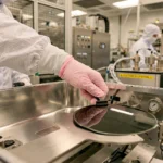 Semiconductor wafer being handled in a cleanroom, illustrative image based on real wafer photography.