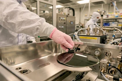 Semiconductor wafer being handled in a cleanroom, illustrative image based on real wafer photography.