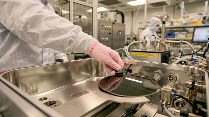 Semiconductor wafer being handled in a cleanroom, illustrative image based on real wafer photography.