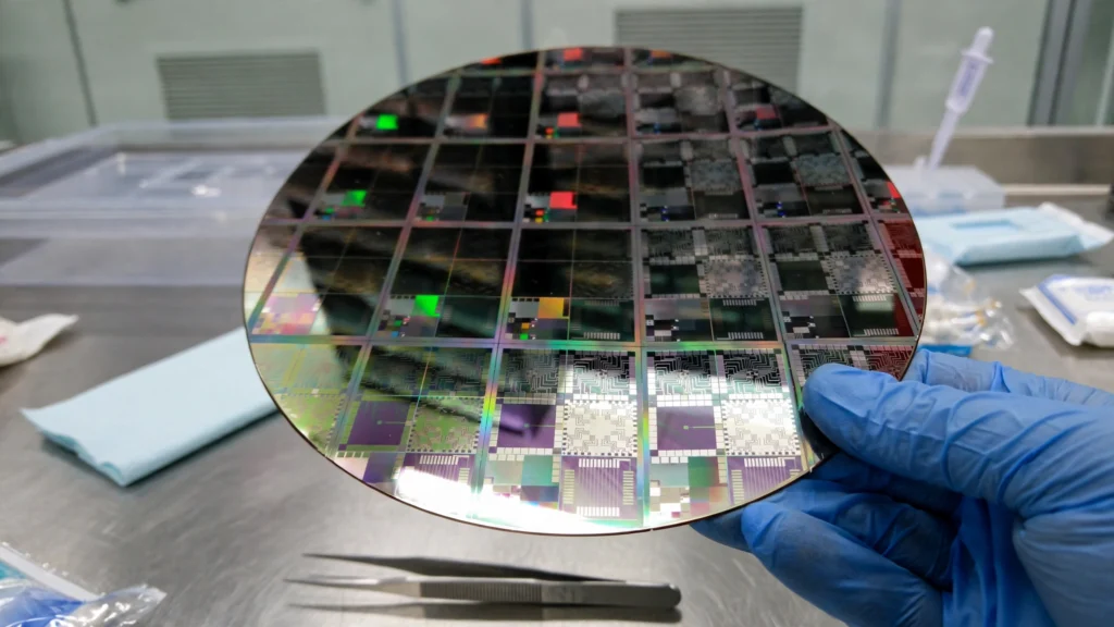 Close view of a semiconductor wafer with microchip patterns, illustrative image based on real wafer photography.