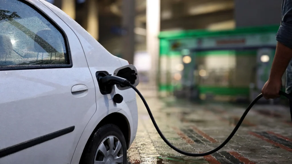Electric car plugged into a charging unit at a charging station in India.