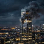 Smoke rises from Saudi Aramco's headquarters complex in Dhahran after a Houthi missile strike (illustrative AI-generated image)