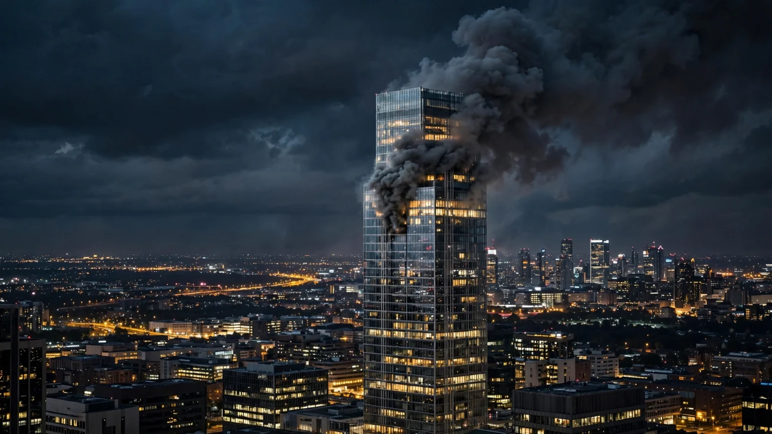 Smoke rises from Saudi Aramco's headquarters complex in Dhahran after a Houthi missile strike (illustrative AI-generated image)