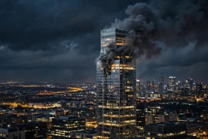 Smoke rises from Saudi Aramco's headquarters complex in Dhahran after a Houthi missile strike (illustrative AI-generated image)
