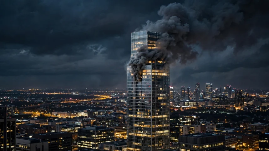 Smoke rises from Saudi Aramco's headquarters complex in Dhahran after a Houthi missile strike (illustrative AI-generated image)