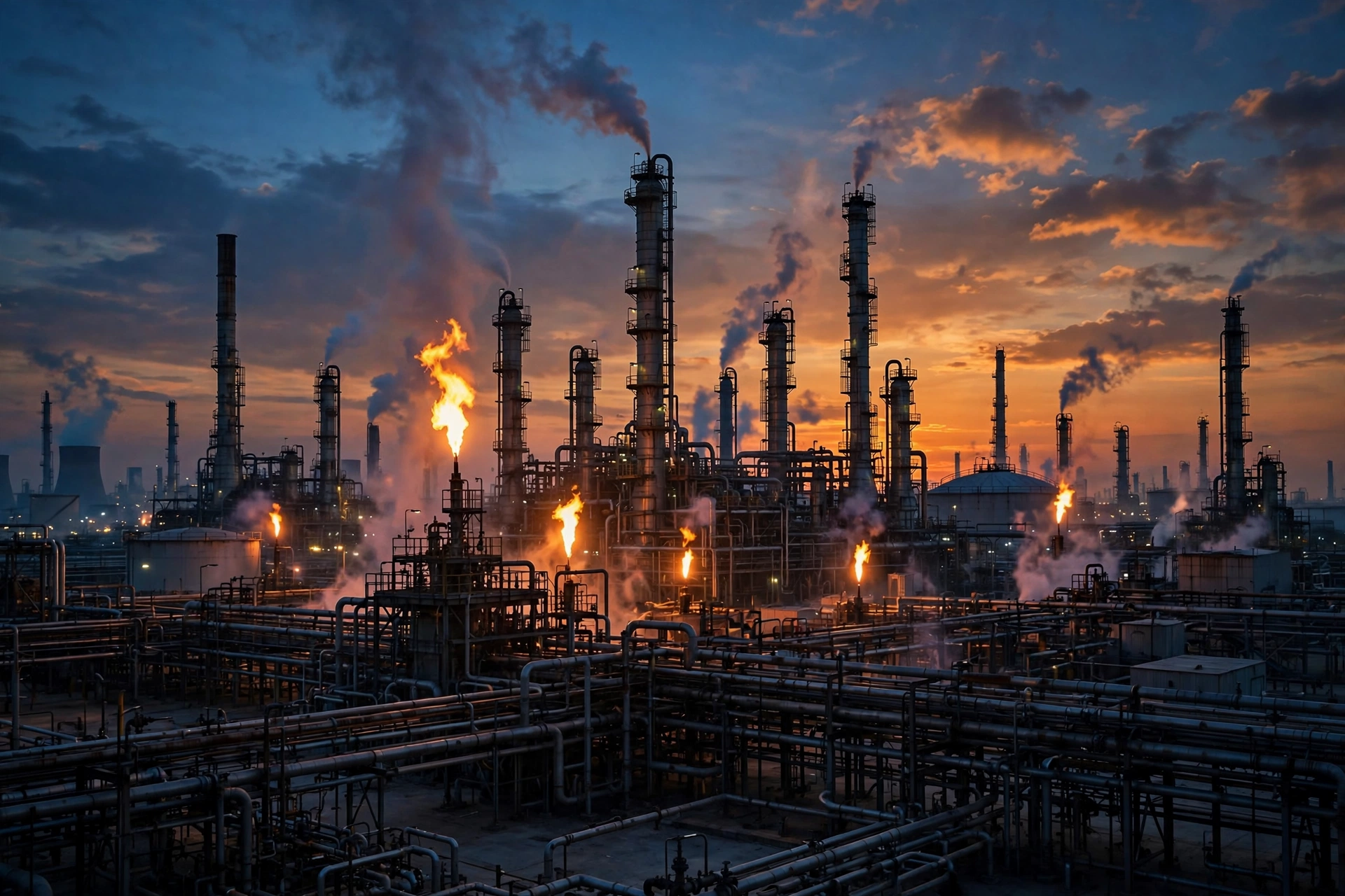 An oil refinery at dusk; Brent crude has held above $100 a barrel (illustrative AI-generated image)