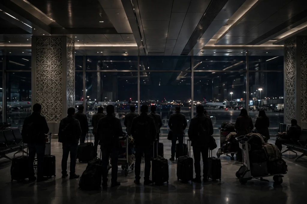 Stranded passengers as silhouettes waiting with luggage in a Middle Eastern airport departure terminal at night. AI-generated representative image.
