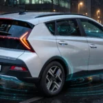 Hyundai Bayon with safety sensor graphics. Car photo: Alexander Migl / Wikimedia Commons (CC BY-SA 4.0), background composite.
