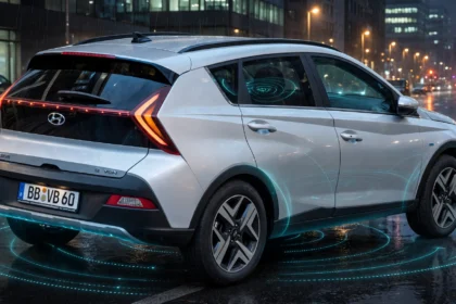 Hyundai Bayon with safety sensor graphics. Car photo: Alexander Migl / Wikimedia Commons (CC BY-SA 4.0), background composite.