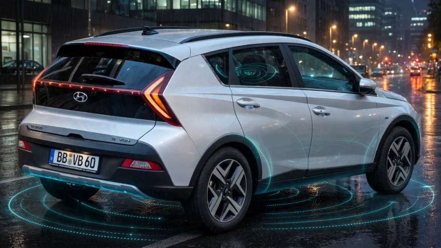 Hyundai Bayon with safety sensor graphics. Car photo: Alexander Migl / Wikimedia Commons (CC BY-SA 4.0), background composite.