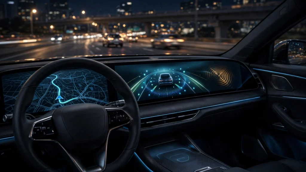 Inside a modern SUV cabin with twin digital displays showing driver-assistance graphics.