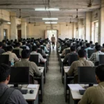 Candidates taking a computer-based recruitment examination.