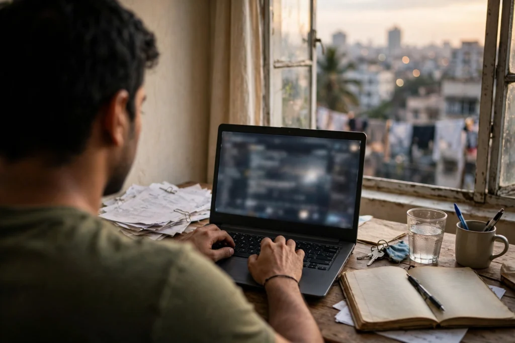 A job applicant applying online on a laptop at home.