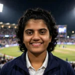Shree Charani, world No. 1 T20I bowler (Photo: Prime Minister's Office (India) / Wikimedia Commons; background composite).
