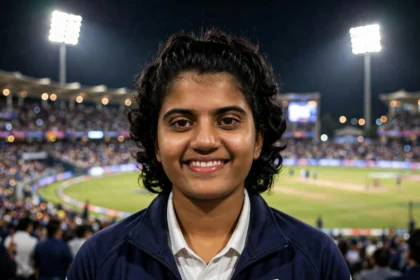 Shree Charani, world No. 1 T20I bowler (Photo: Prime Minister's Office (India) / Wikimedia Commons; background composite).