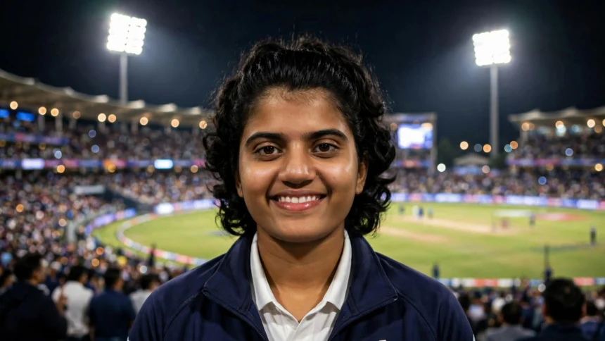 Shree Charani, world No. 1 T20I bowler (Photo: Prime Minister's Office (India) / Wikimedia Commons; background composite).