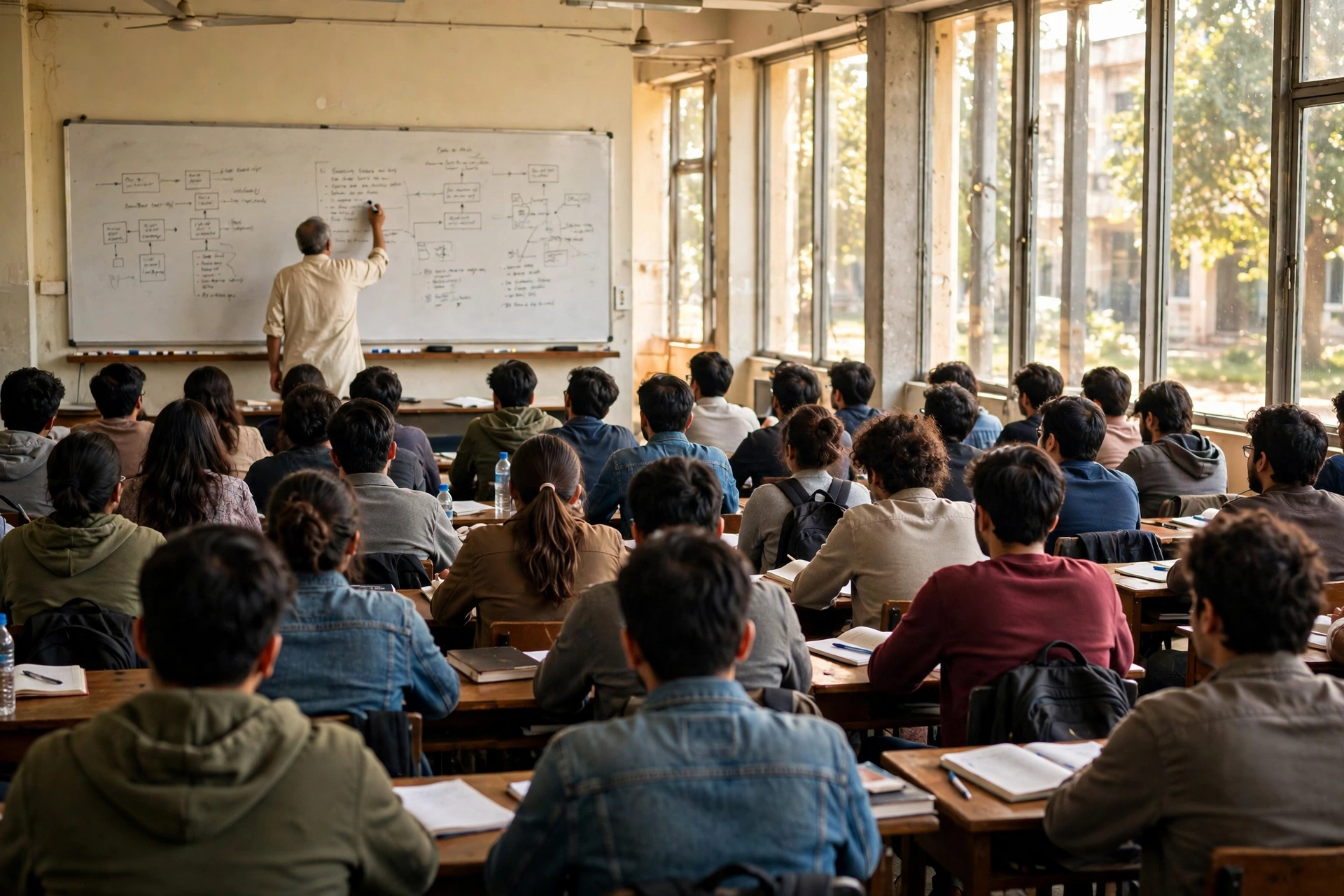 A professor teaching in a university lecture hall. (AI-generated illustrative image)