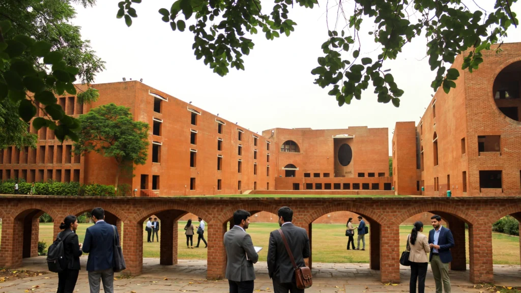 IIM Ahmedabad campus. Image generated from a reference photo: Perspectives, The Photography Club, IIM Ahmedabad / Wikimedia Commons (CC BY-SA 4.0).