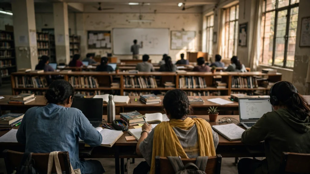 Students studying in a university lecture hall and library, seen from behind.