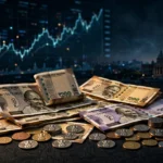 Indian rupee currency with financial market charts