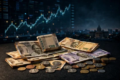 Indian rupee currency with financial market charts