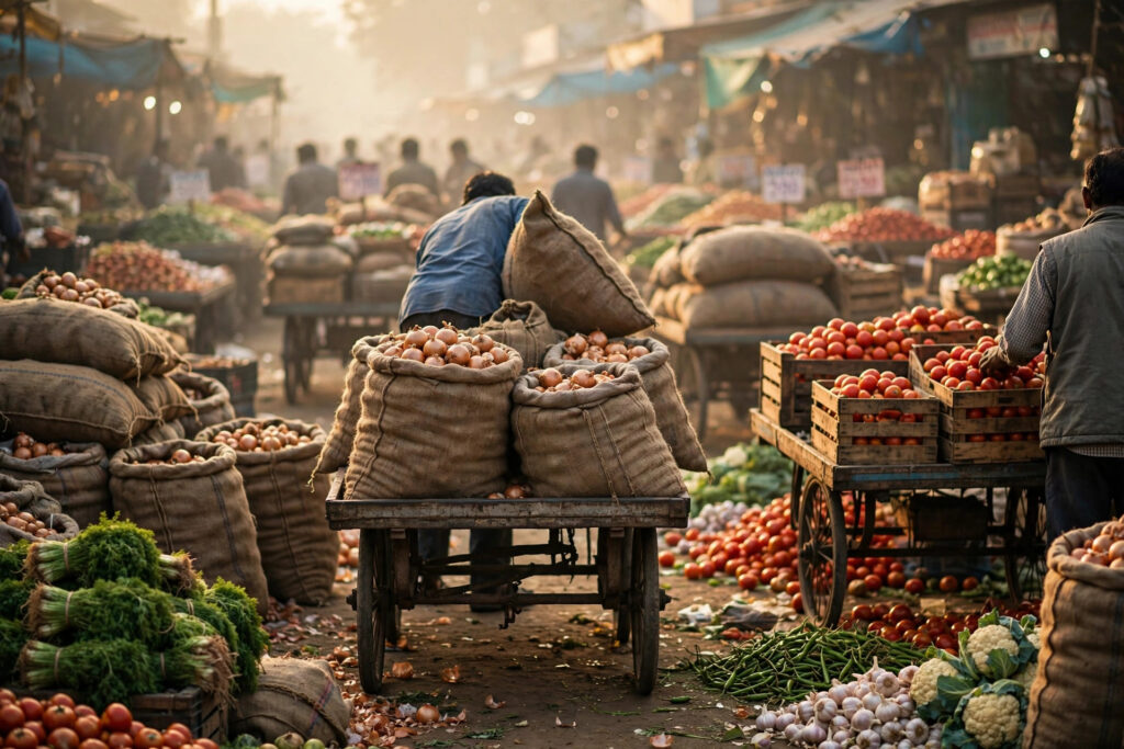 Vendors selling vegetables at a wholesale market in India, illustrating rising food inflation