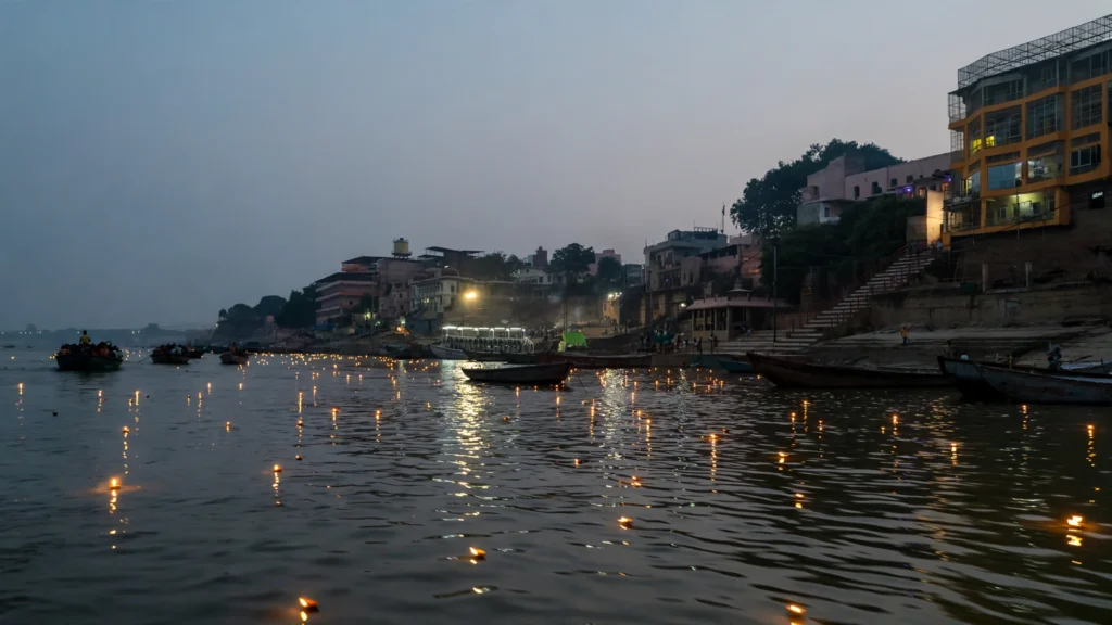Evening lamps on the Ganges at the Varanasi ghats.