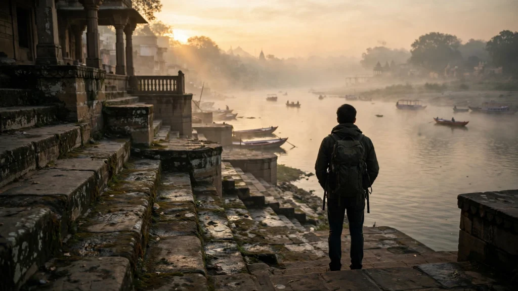 A young traveller with a backpack on a Varanasi ghat at sunrise, seen from behind