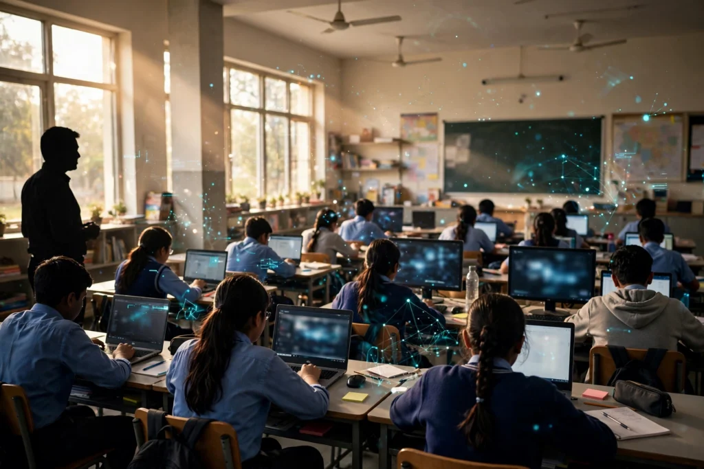 Students in an Indian classroom engage with digital learning tools. (Illustrative image: Informeia)