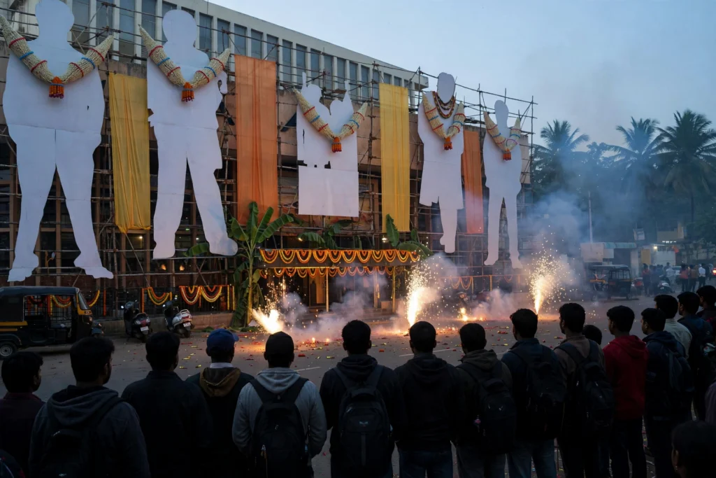 Fans celebrating outside a Chennai cinema theatre on the first day of Jailer 2's release
