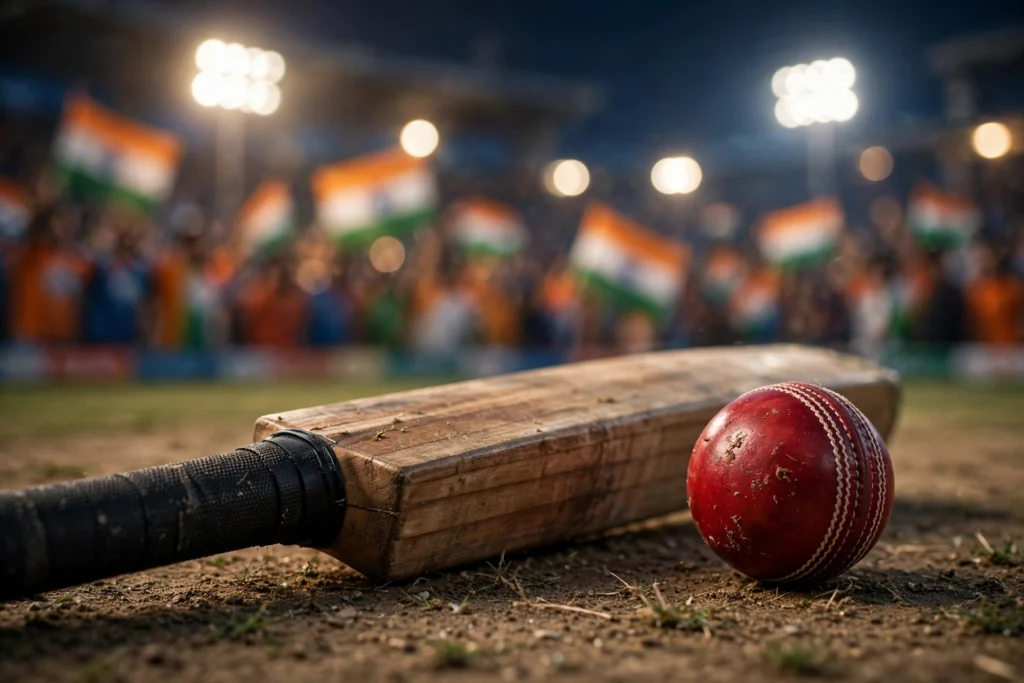 Cricket bat and ball on the pitch under floodlights