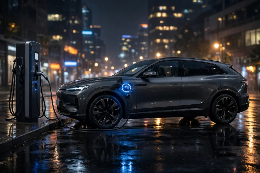 Volvo EX90 electric SUV charging at a DC fast charger in India