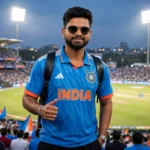 Shreyas Iyer in an Indian jersey at a cricket stadium. Photo of Iyer: Bollywood Hungama / Wikimedia Commons (CC BY 3.0); stadium background composite.