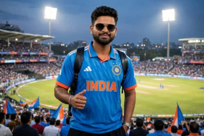 Shreyas Iyer in an Indian jersey at a cricket stadium. Photo of Iyer: Bollywood Hungama / Wikimedia Commons (CC BY 3.0); stadium background composite.