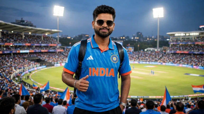 Shreyas Iyer in an Indian jersey at a cricket stadium. Photo of Iyer: Bollywood Hungama / Wikimedia Commons (CC BY 3.0); stadium background composite.