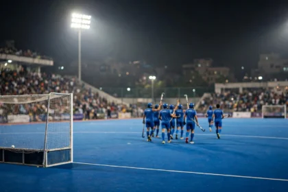 India field hockey players in blue celebrate under floodlights on a blue turf pitch in Jalandhar.