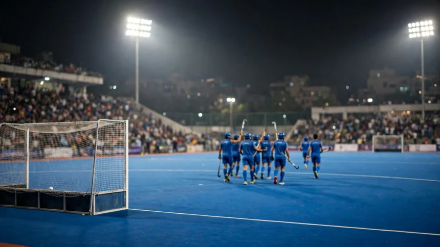 India field hockey players in blue celebrate under floodlights on a blue turf pitch in Jalandhar.