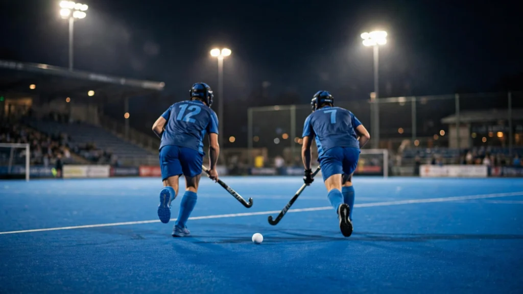 Field hockey players in blue chase the ball on a blue turf pitch under floodlights at night.