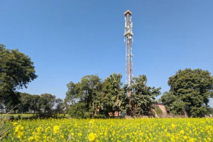 A telecom tower rising above trees and a mustard field in rural India